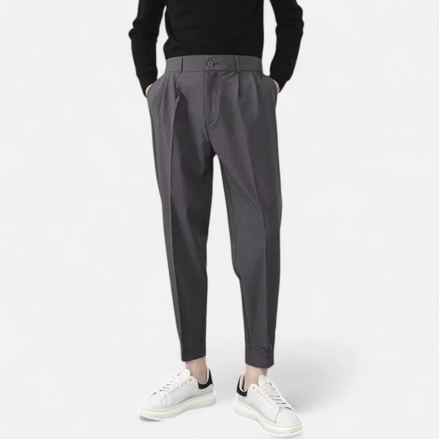 Beige men's tailored pleated trousers relaxed tapered fit with cuffed hem for office and weekend