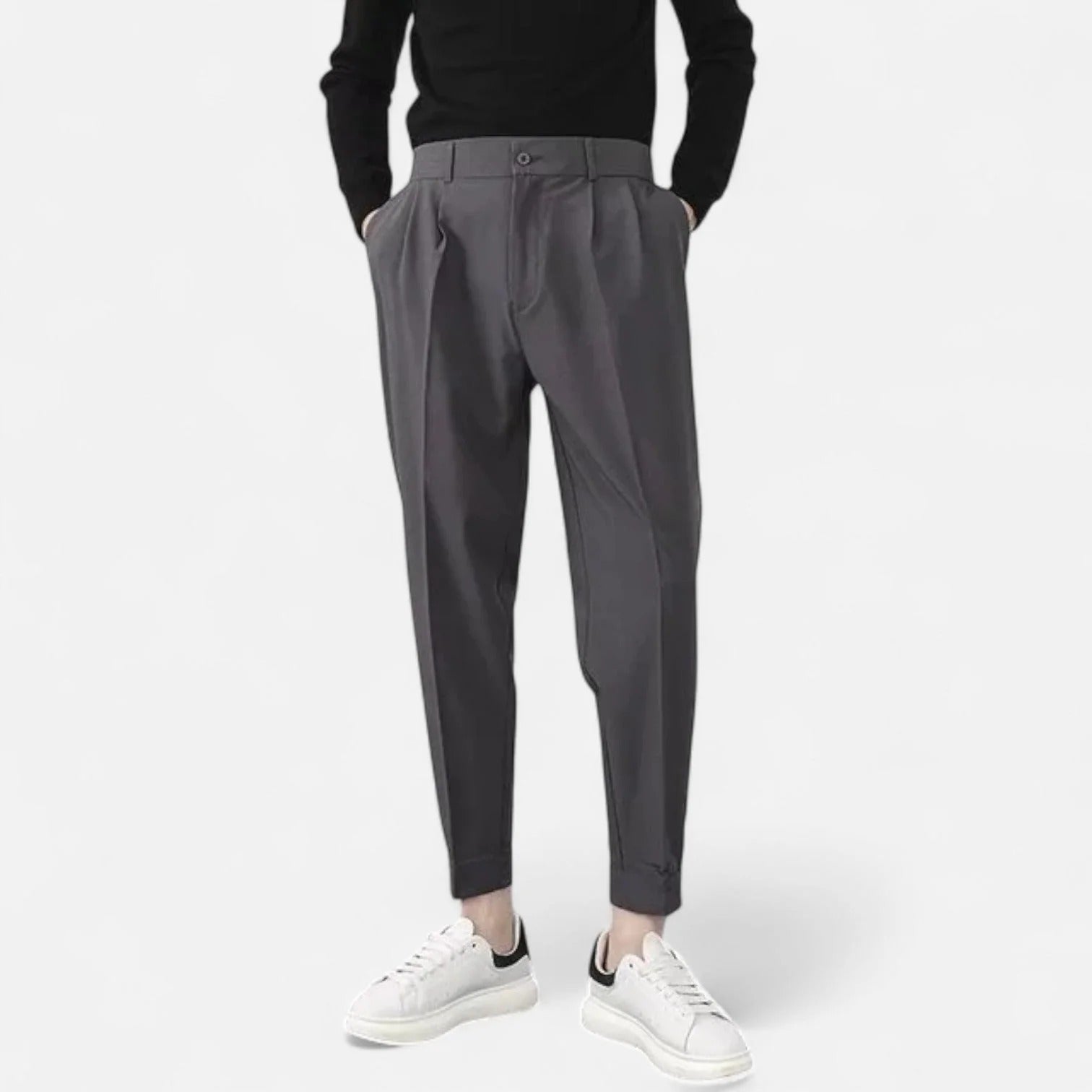 Beige men's tailored pleated trousers relaxed tapered fit with cuffed hem for office and weekend
