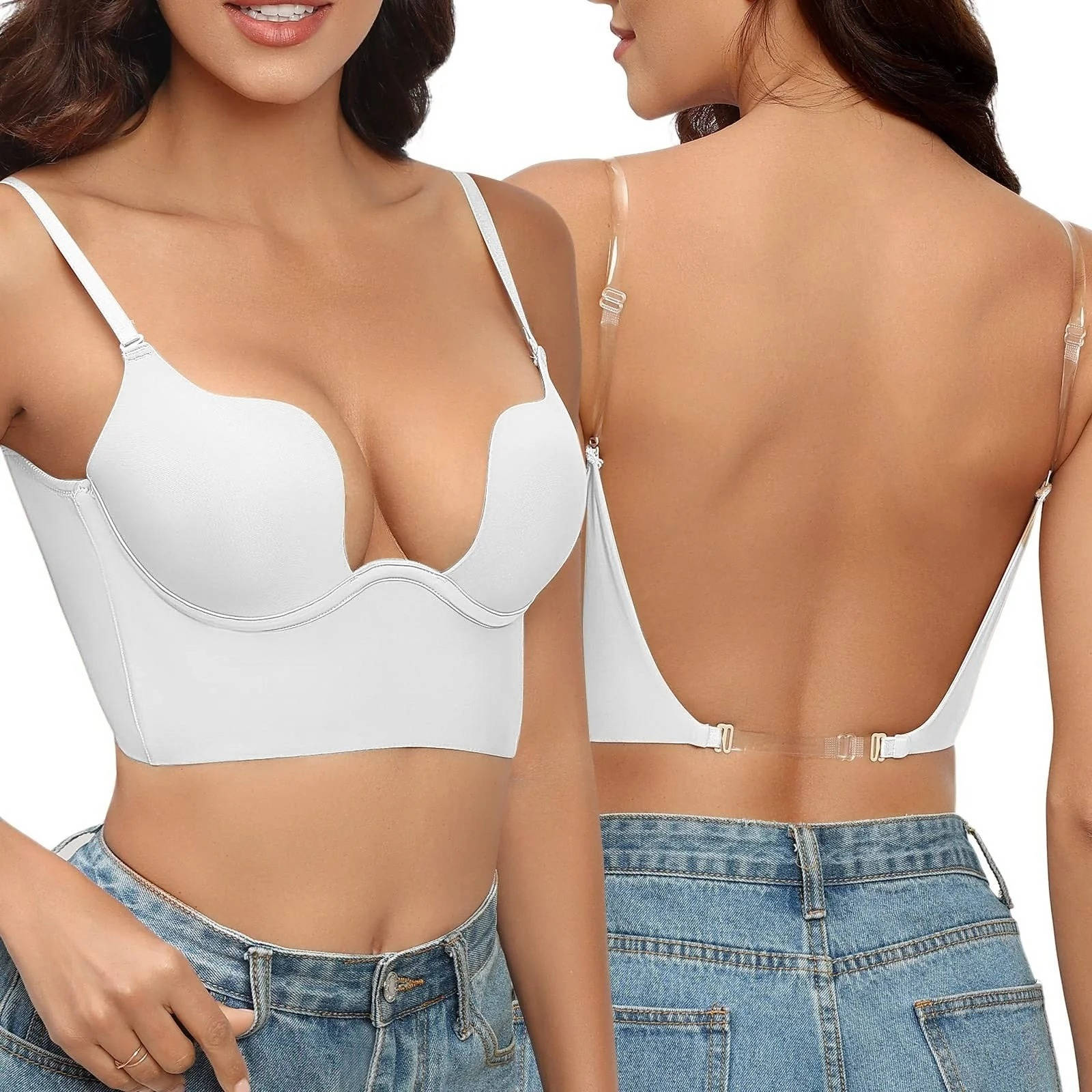 Nude seamless backless bra deep U-plunge underwire with removable clear straps for formal events