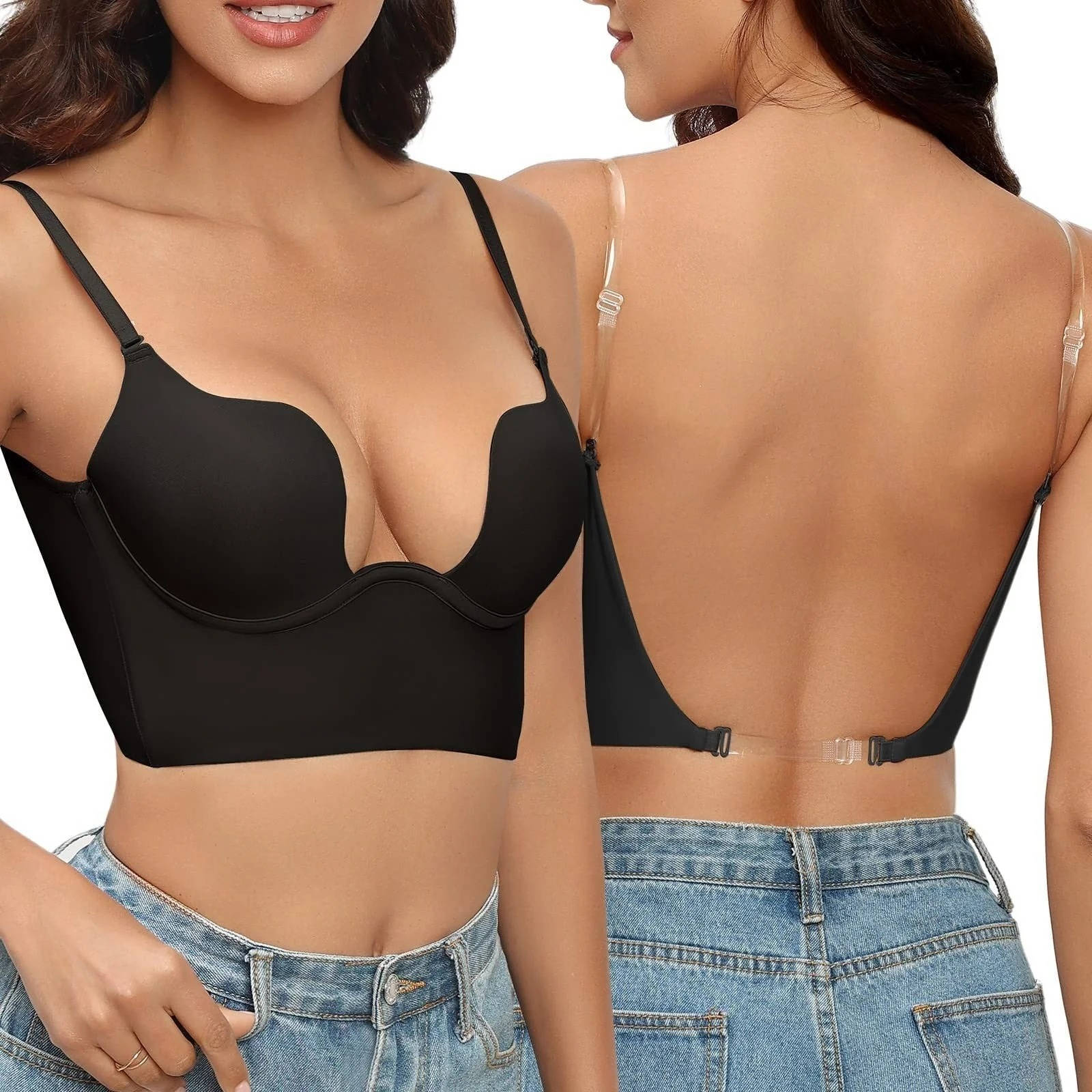 Backless seamless underwire bra beige deep U-plunge with removable clear straps for formal events