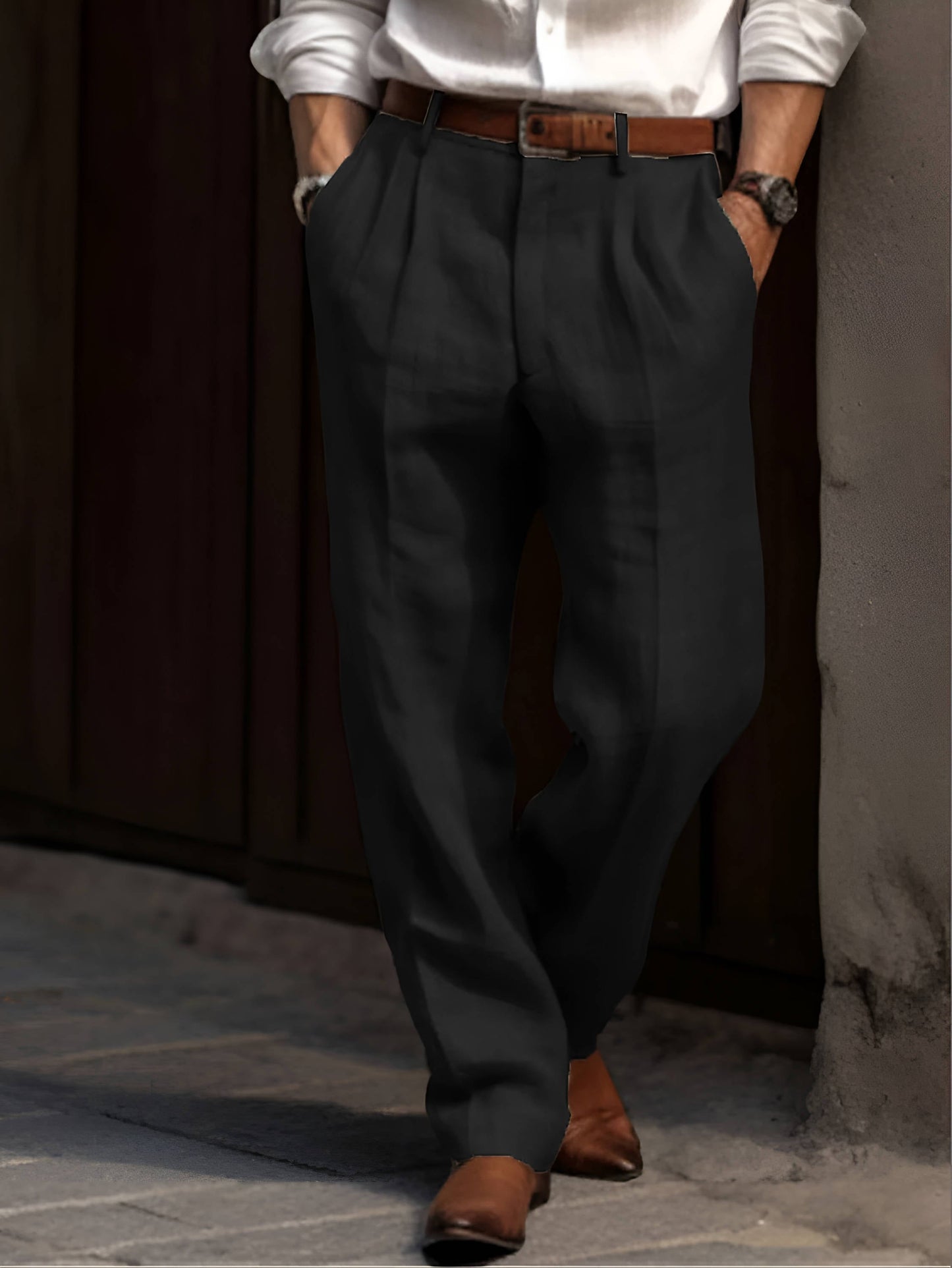 Men's beige linen pleated dress pants lightweight breathable cotton-linen blend work weekend comfort