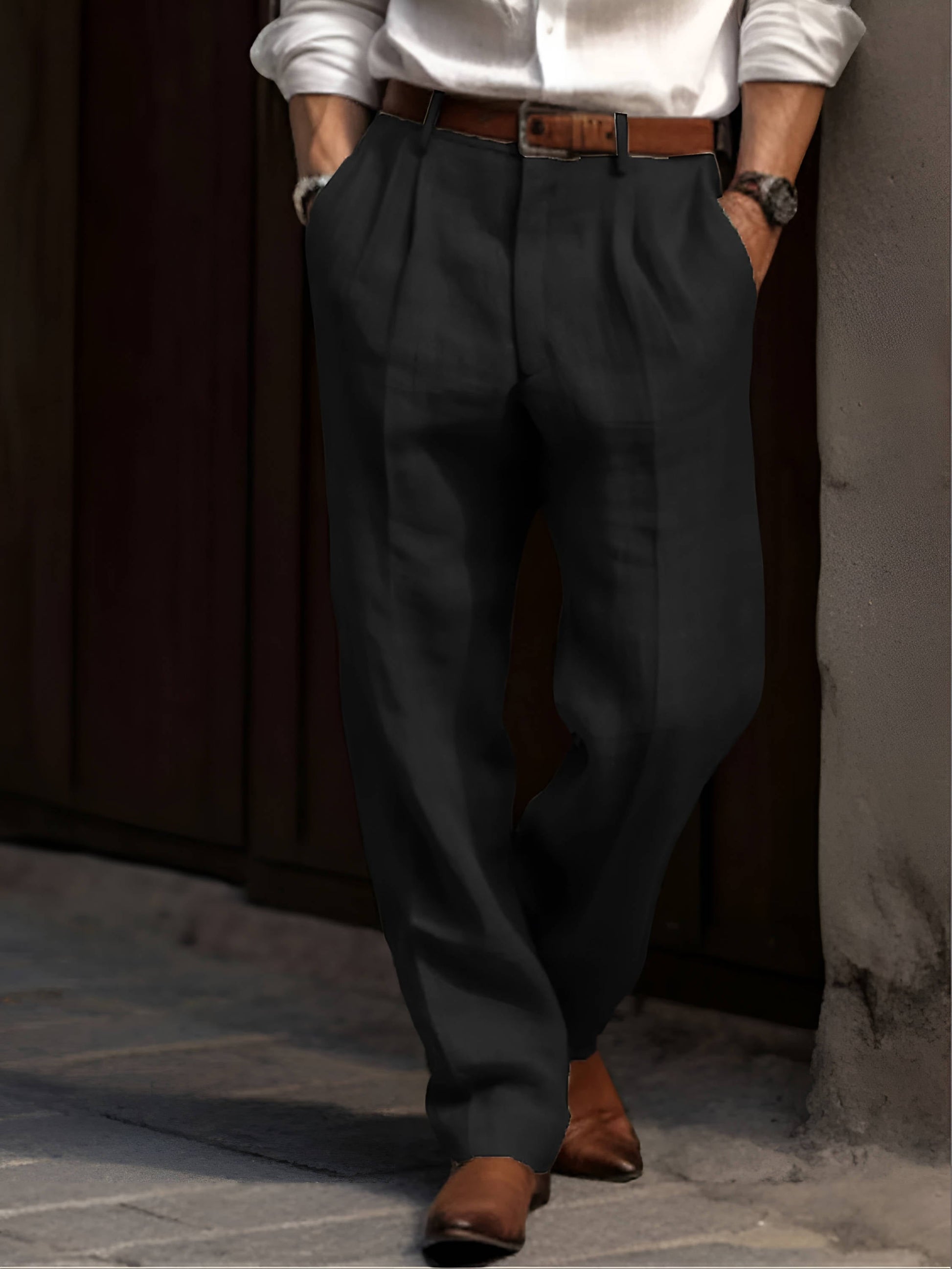 Men's beige linen pleated dress pants lightweight breathable cotton-linen blend work weekend comfort