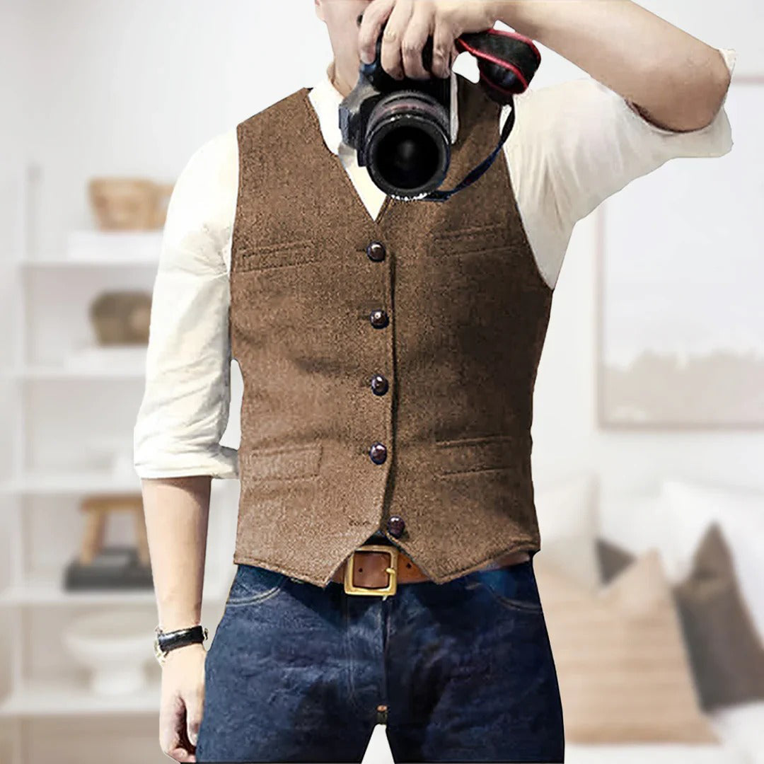 Men's wool herringbone waistcoat vest slim smart-casual layering piece for brunch and evening wear