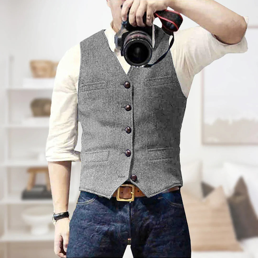 Men's slim-fit wool herringbone waistcoat vest in neutral tone, smart casual layering piece