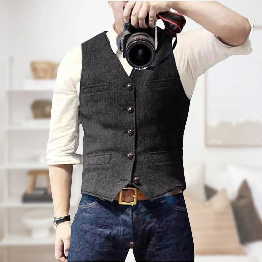 Men's wool herringbone waistcoat vest smart casual slim fit versatile layering piece for brunch evenings