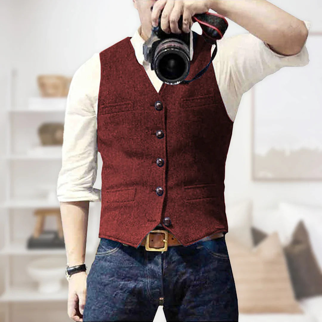 Men's wool herringbone waistcoat vest smart casual slim fit layering piece for brunch and evenings