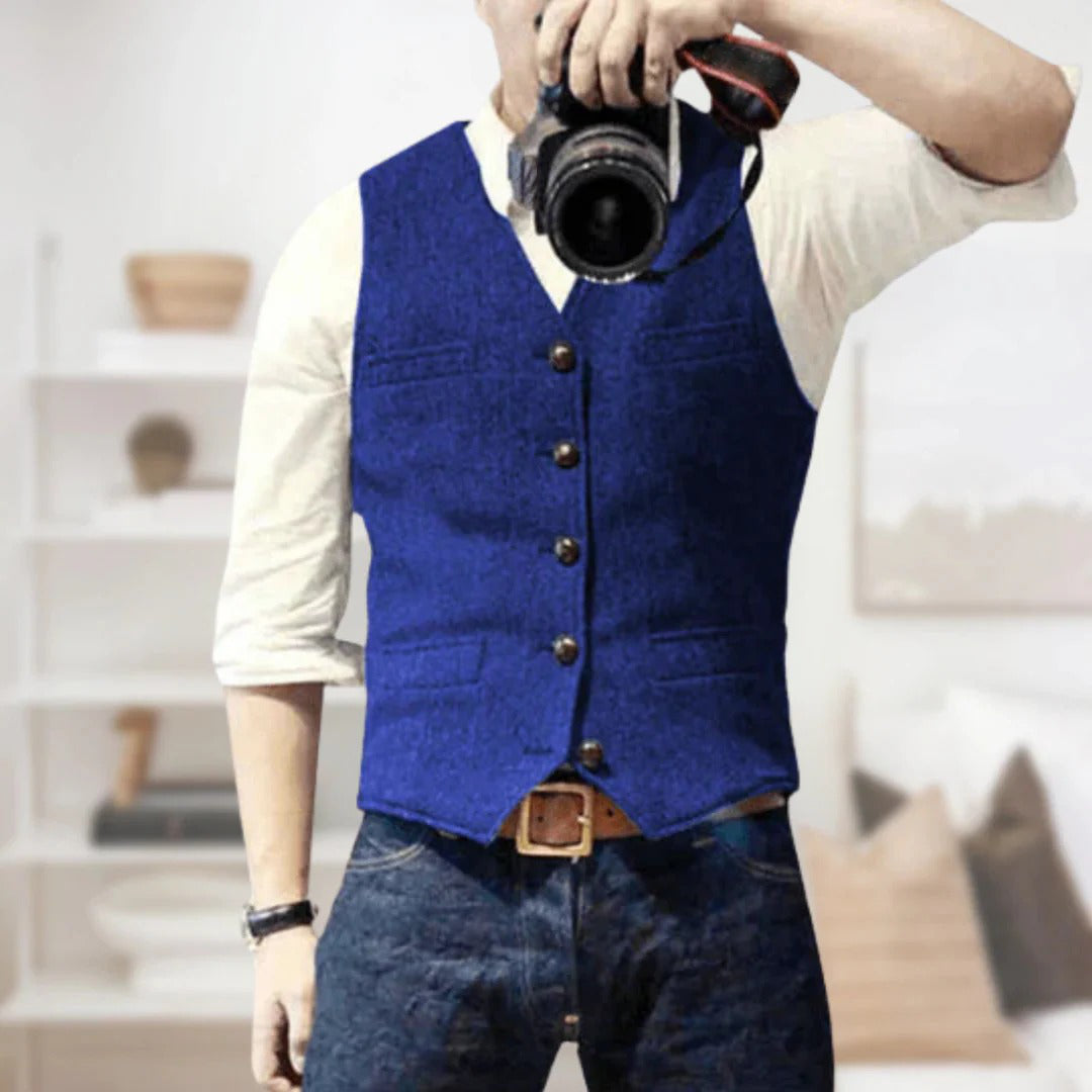 Men's slim-fit wool herringbone waistcoat vest in neutral tones, smart casual layering piece