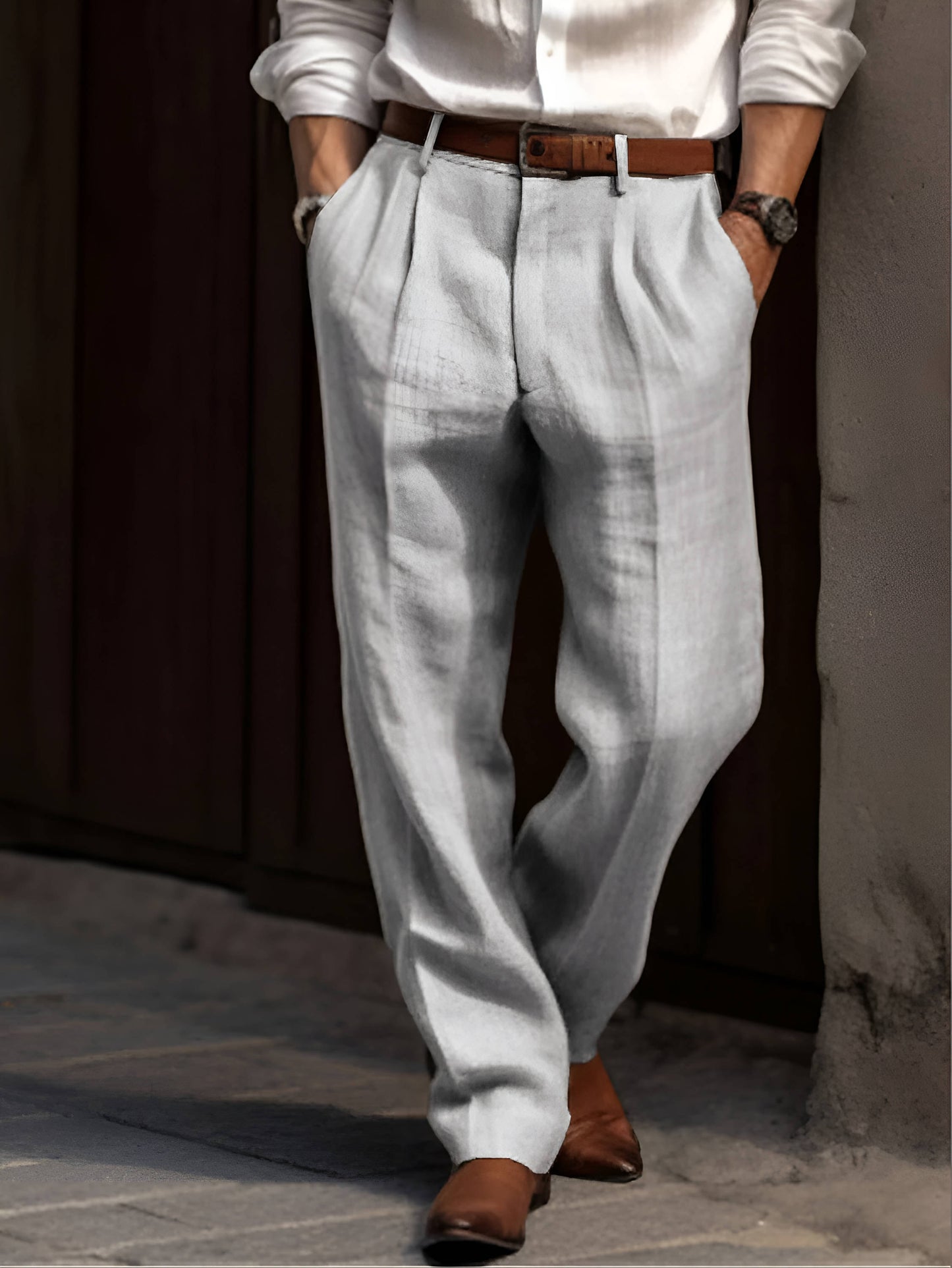 Men's beige linen pleated dress pants, lightweight breathable cotton-linen blend for work and weekends