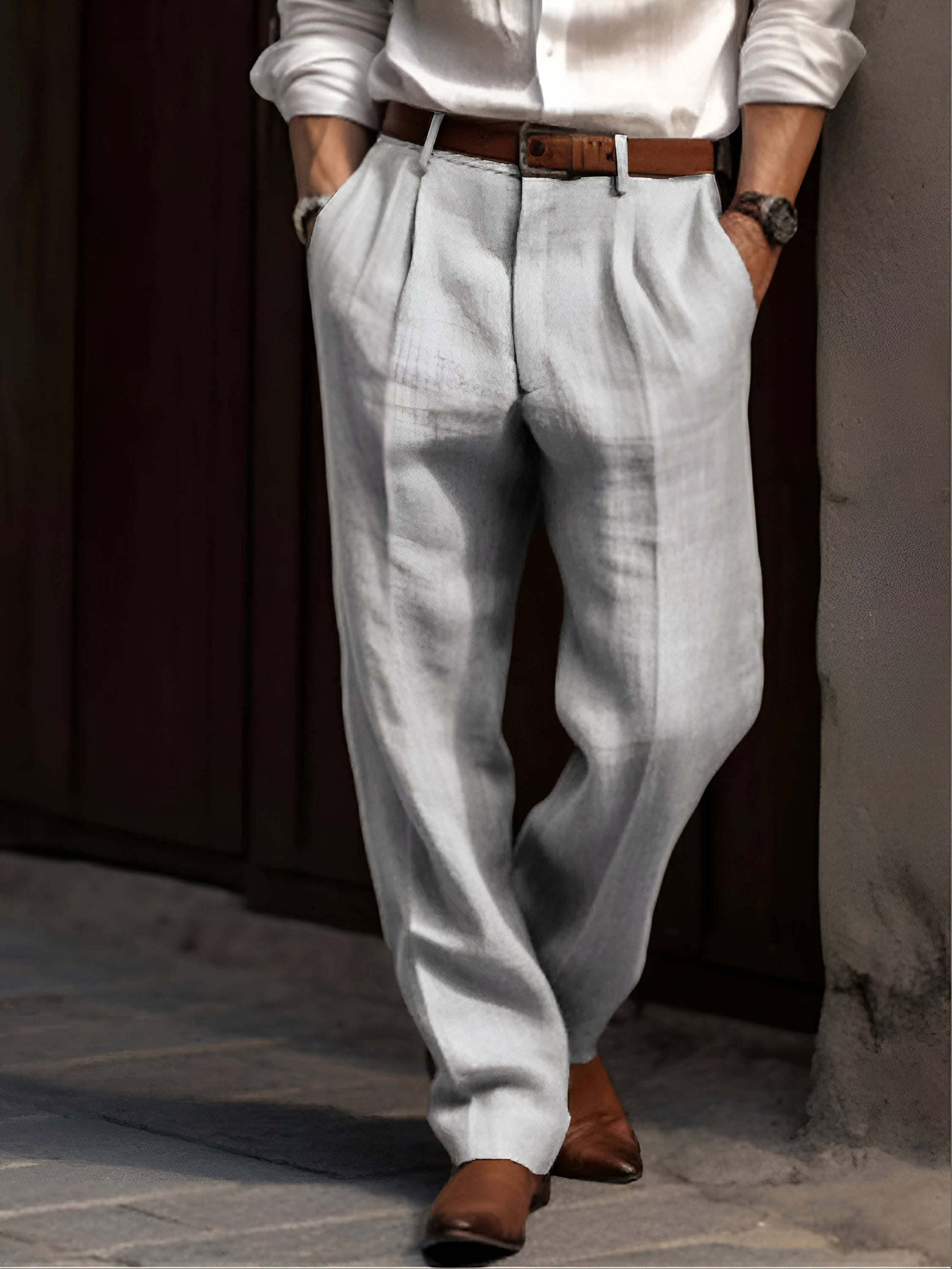 Men's beige linen pleated dress pants, lightweight breathable cotton-linen blend for work and weekends