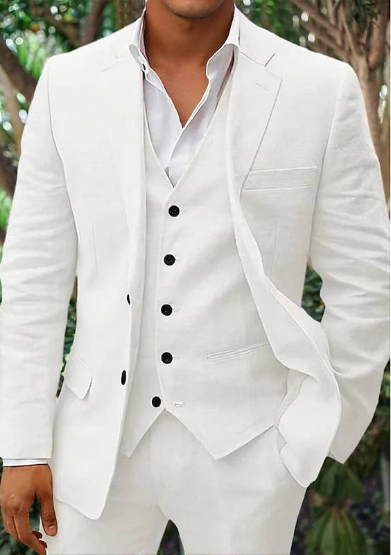 Men's linen 3-piece suit blazer vest trousers breathable lightweight slim fit for beach weddings