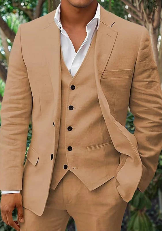 Men's linen 3-piece suit blazer vest trousers breathable lightweight slim fit for beach weddings summer