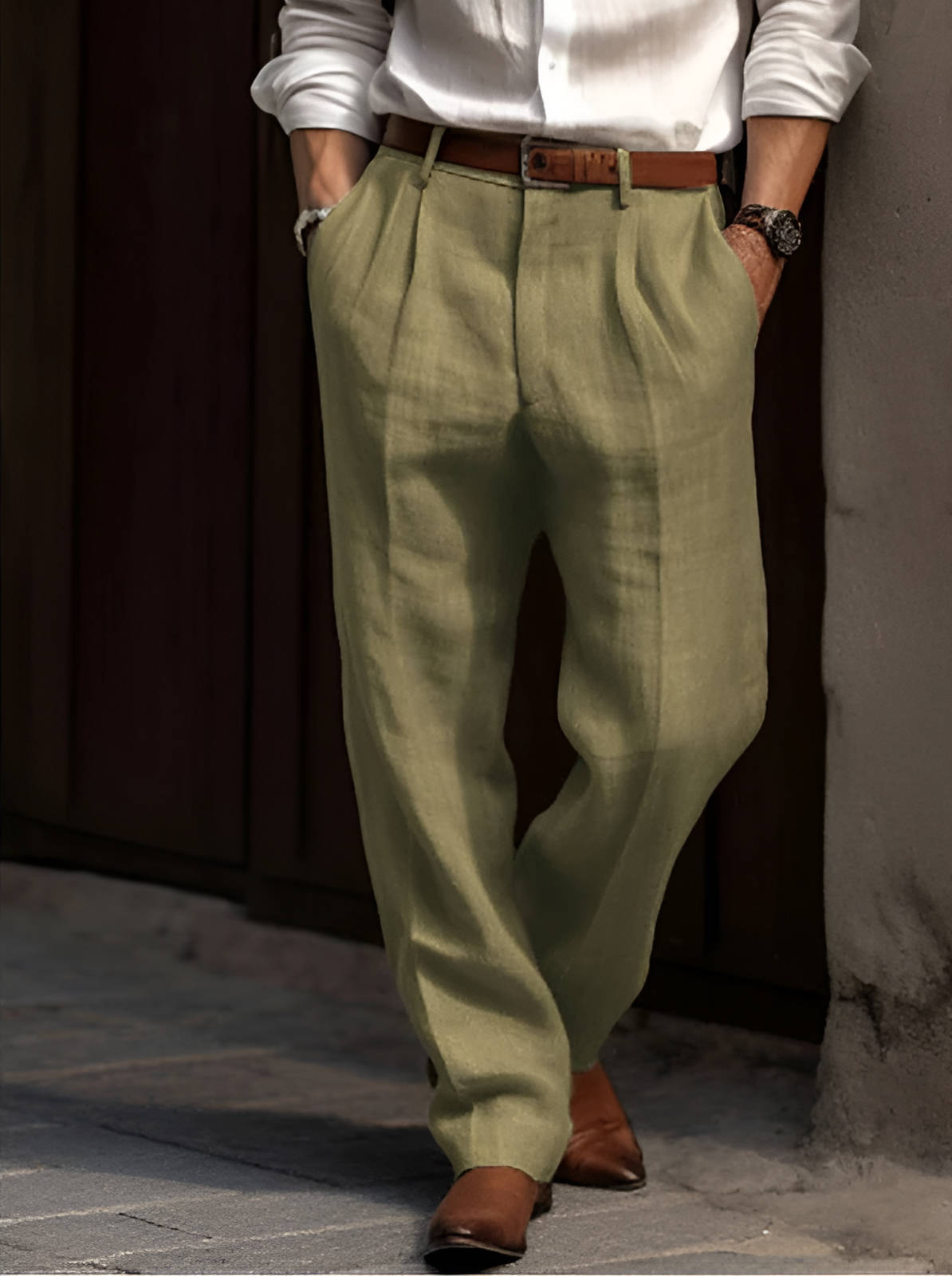 Men's beige linen pleated dress pants lightweight breathable cotton-linen blend work weekend style
