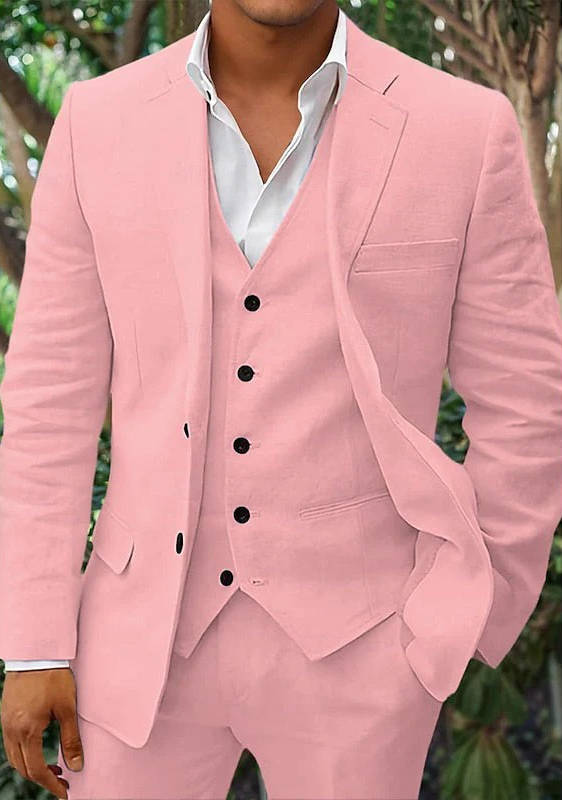 Men's linen 3-piece suit blazer vest trousers breathable lightweight slim fit for beach weddings