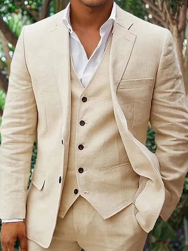 Men's linen 3-piece suit blazer vest trousers breathable lightweight slim fit for beach weddings