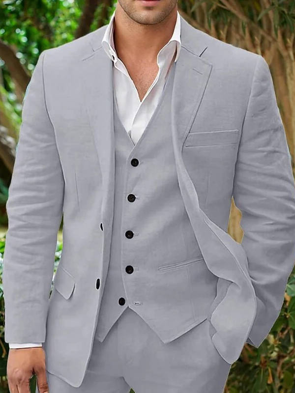 Men's linen 3-piece suit blazer vest trousers breathable lightweight slim fit for beach weddings