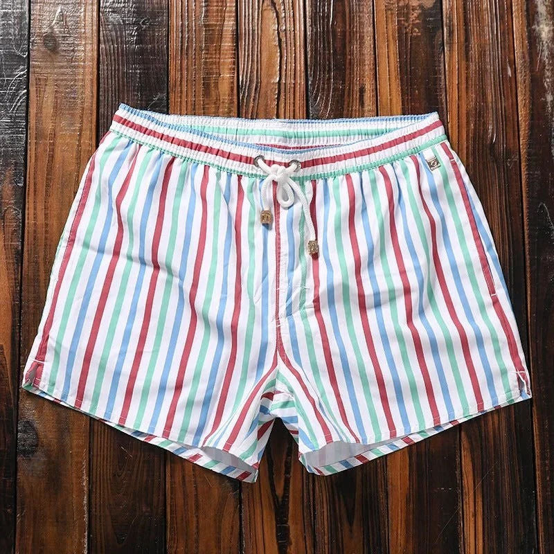 Men's striped swim shorts comfort fit quick-dry drawstring trunks for swimmers beachgoers