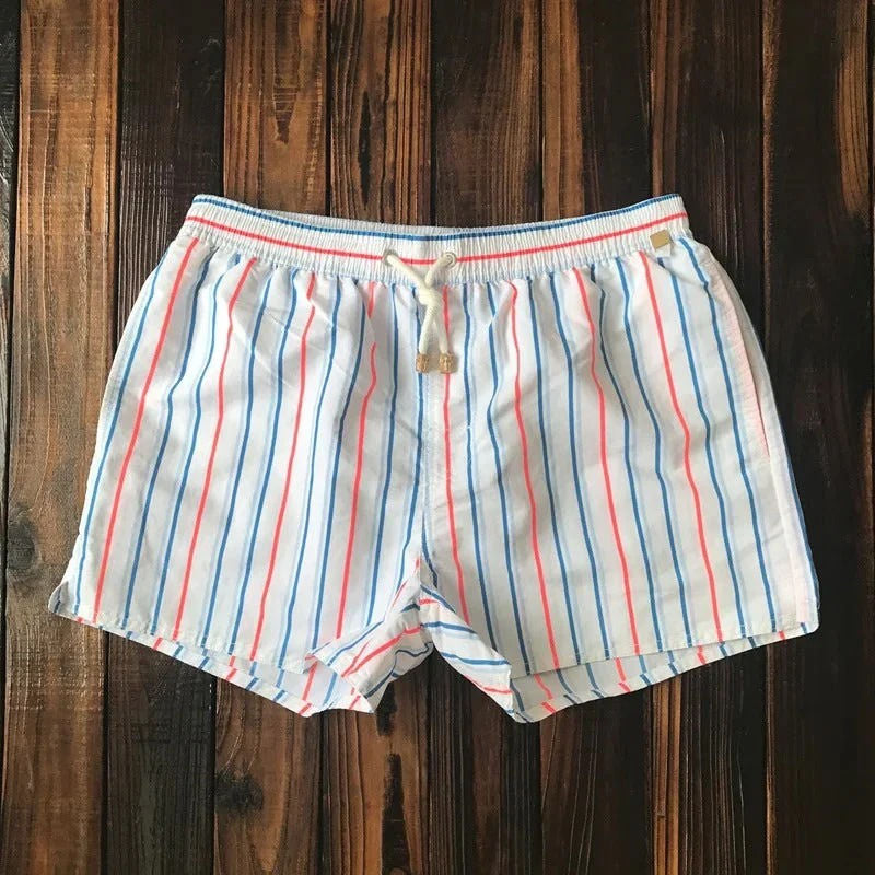 Men's striped swim shorts comfort fit quick-dry drawstring trunks for swimmers and beachgoers