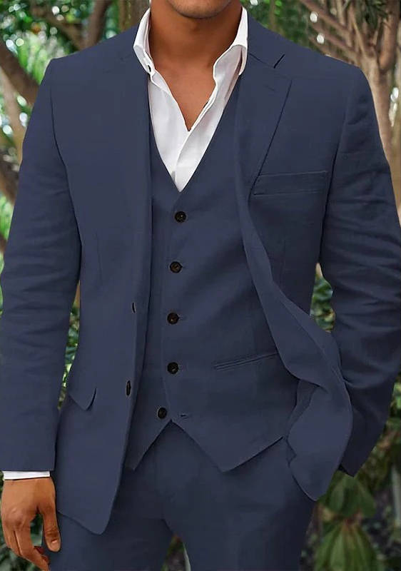 Men's linen 3-piece suit blazer vest trousers breathable lightweight slim fit for beach weddings