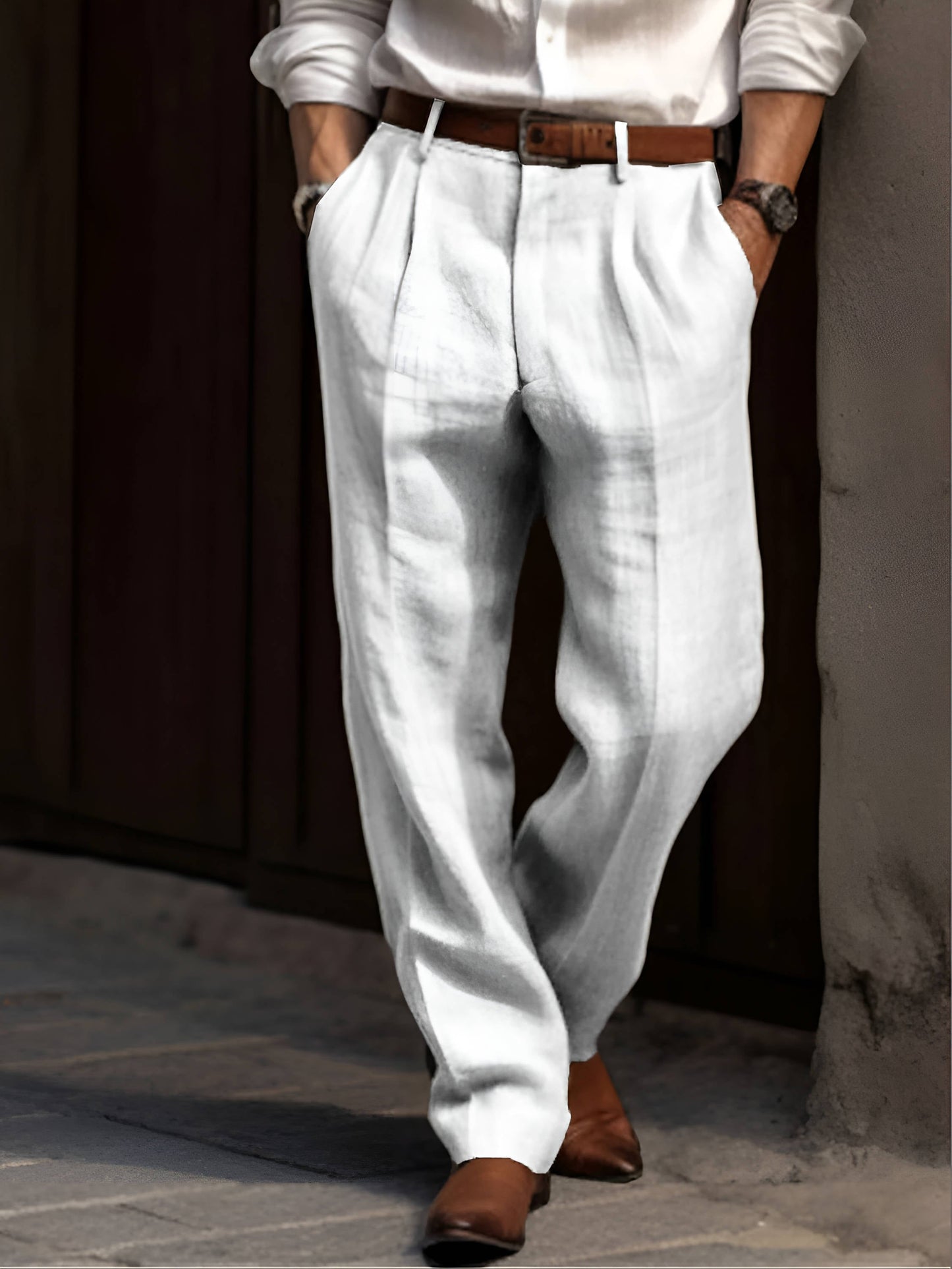 Men's beige linen pleated dress pants slim tailored cut breathable cotton-linen blend work weekend