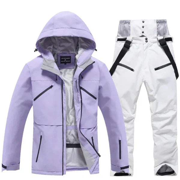Women's two-piece ski suit set hooded jacket and pants waterproof windproof regular fit all-weather