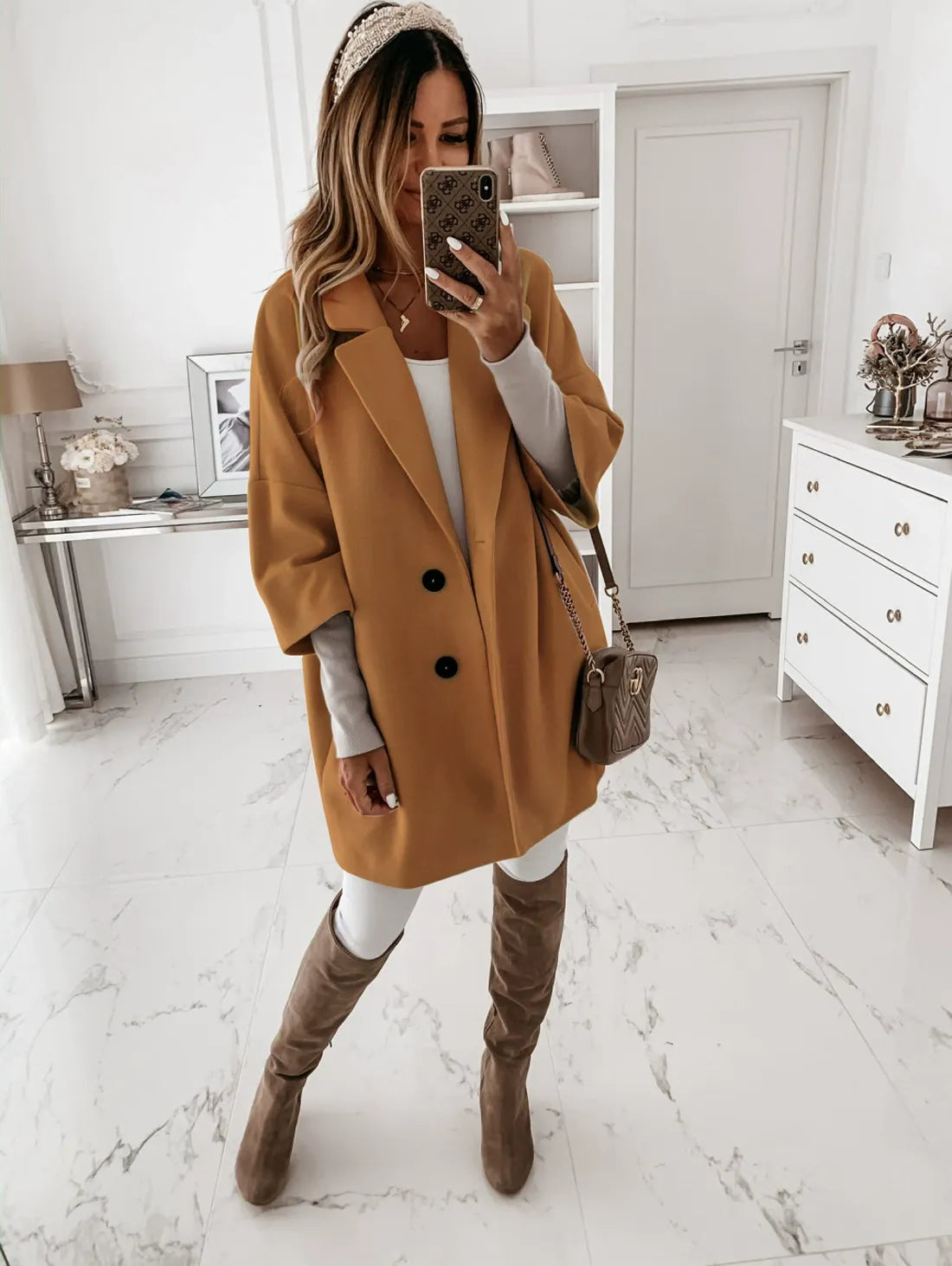 Women's oversized wool blend coat three-quarter sleeve button front lapel collar classic warm fit
