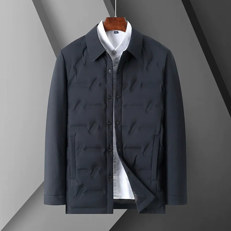 Men's slim fit quilted down jacket with shirt collar button closure, lightweight warmth for stylish men