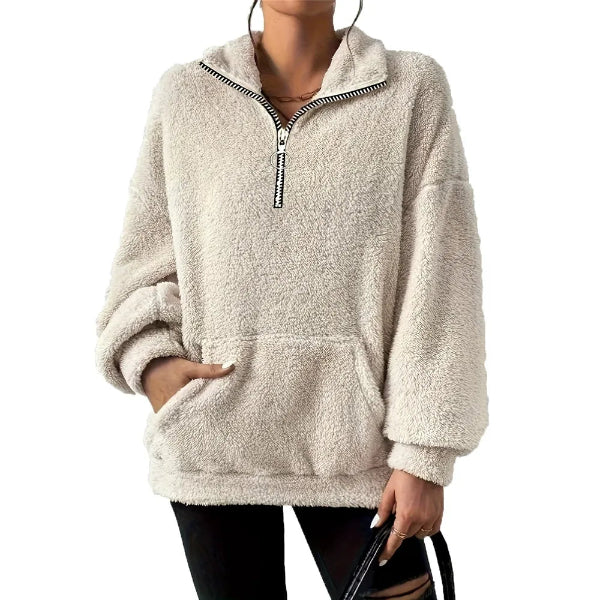 Women's fleece sweatshirt oversized half-zip stand collar with kangaroo pocket cozy everyday style