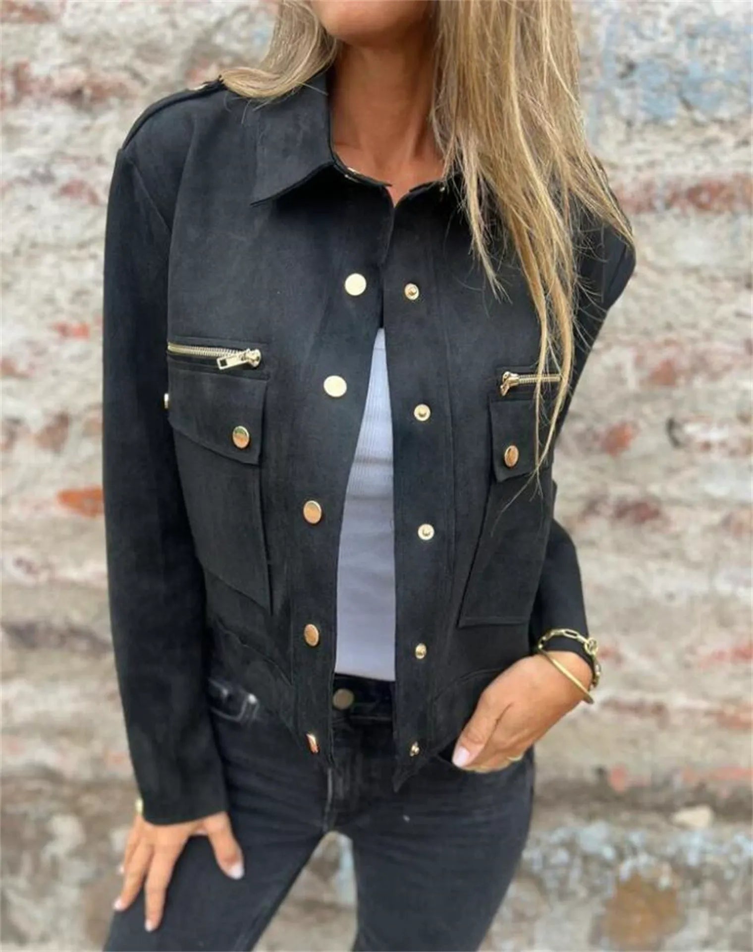 Women's structured soft suede jacket classic collar zipper closure versatile luxurious outerwear