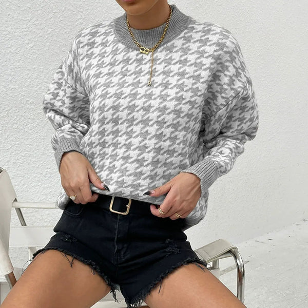 Women's wool blend relaxed fit pullover sweater with houndstooth ribbed trim in neutral tones