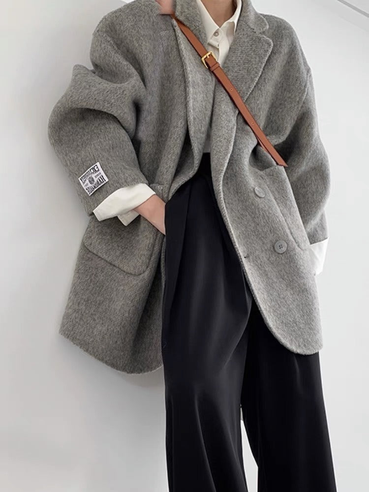 Women's oversized wool coat double-breasted turn-down collar mid-thigh length chic autumn winter