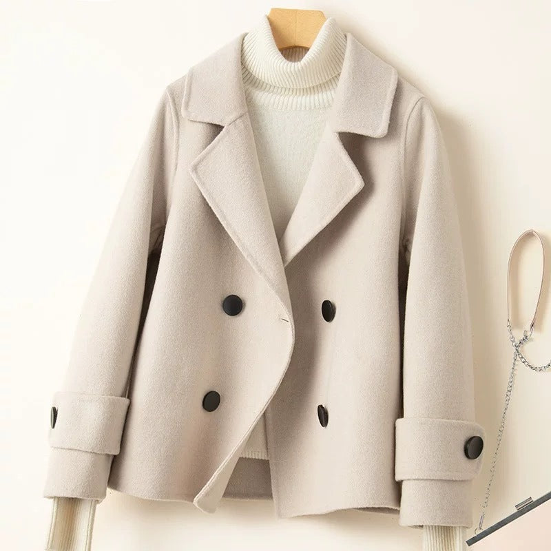 Women's wool blend short coat tailored fit double breasted notched lapel modern professional style