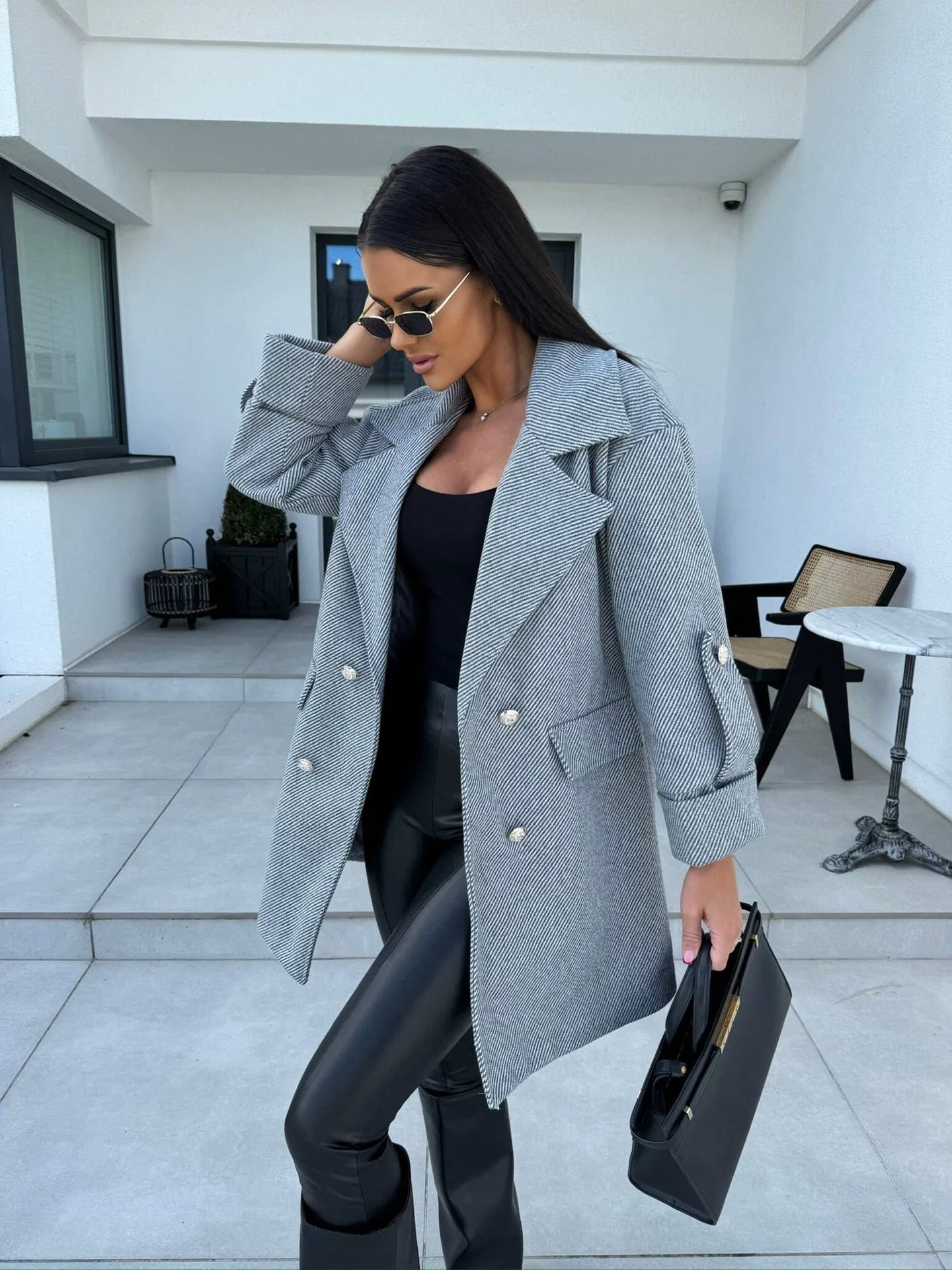 Women's wool blend knee-length blazer lapel coat H-line fit double closure autumn winter