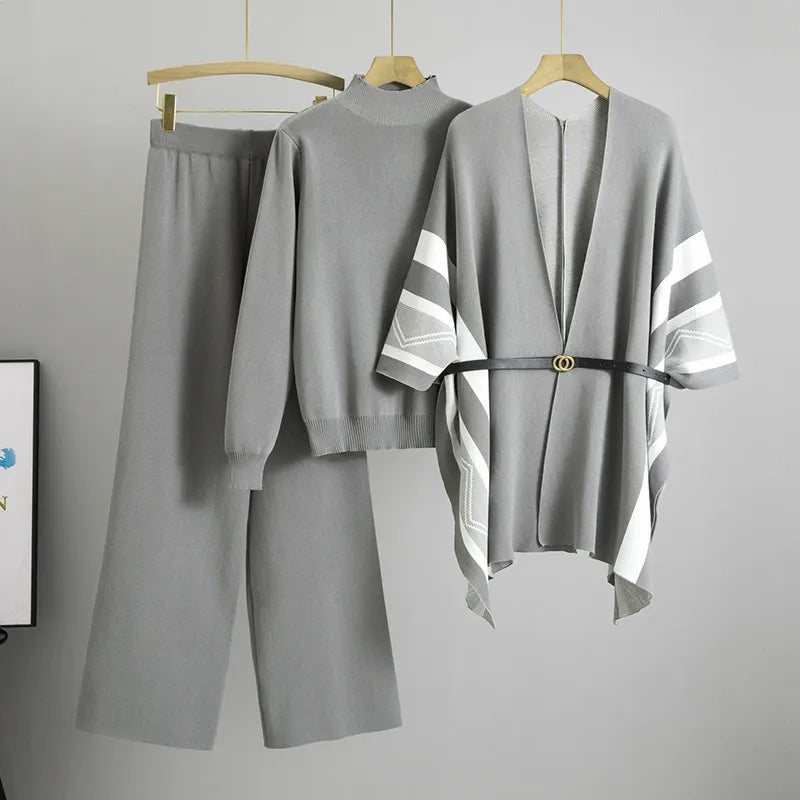 Women's striped sleeve shawl cardigan knit set beige belted mid-thigh length three-piece coord