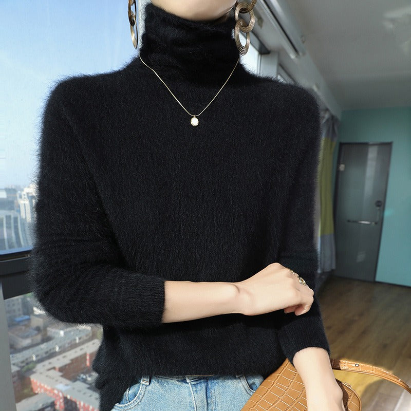 Women's wool blend turtleneck sweater, relaxed fit, plush pile collar for cozy winter warmth