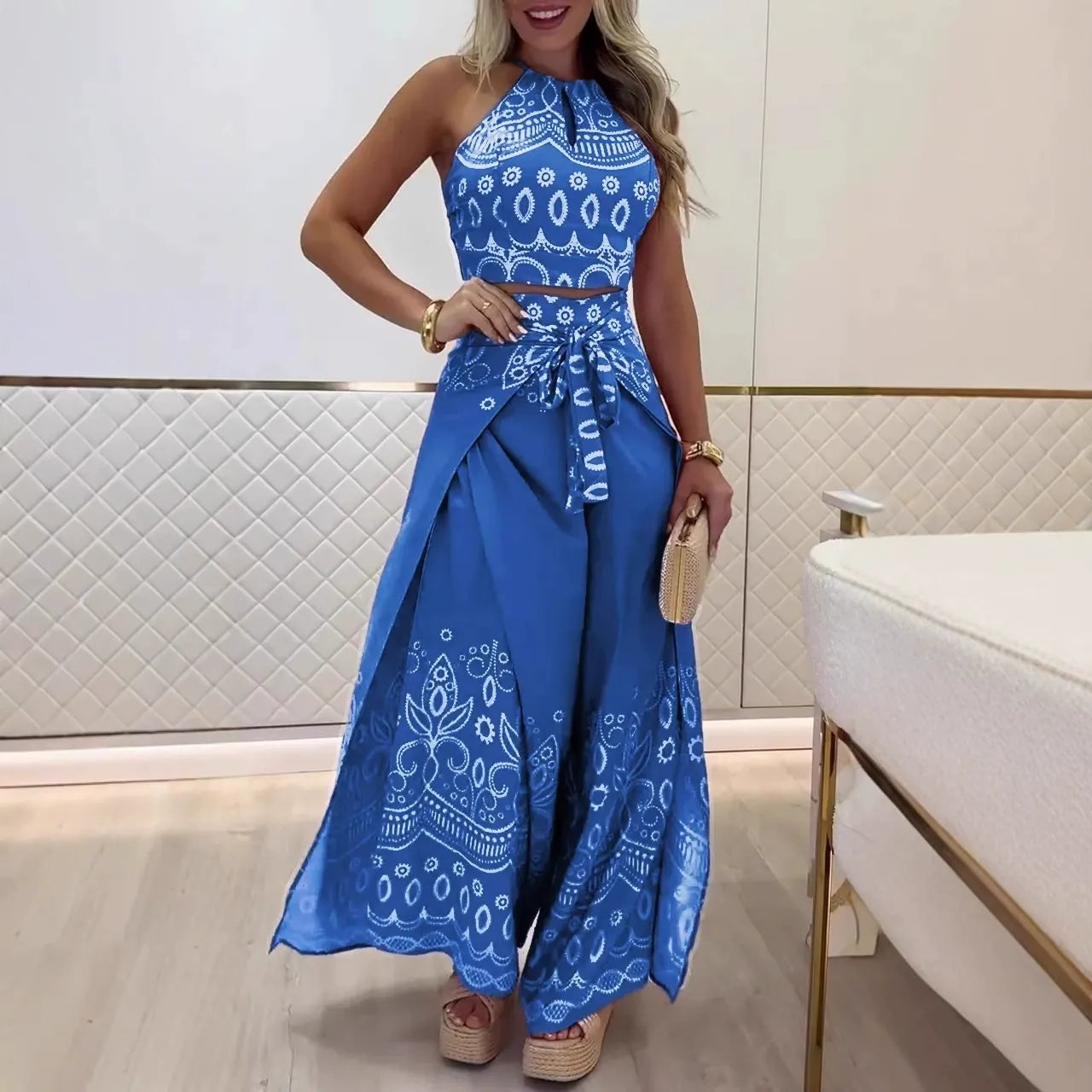 Women's retro print halterneck crop top and high-waist wide-leg pants festival two-piece set