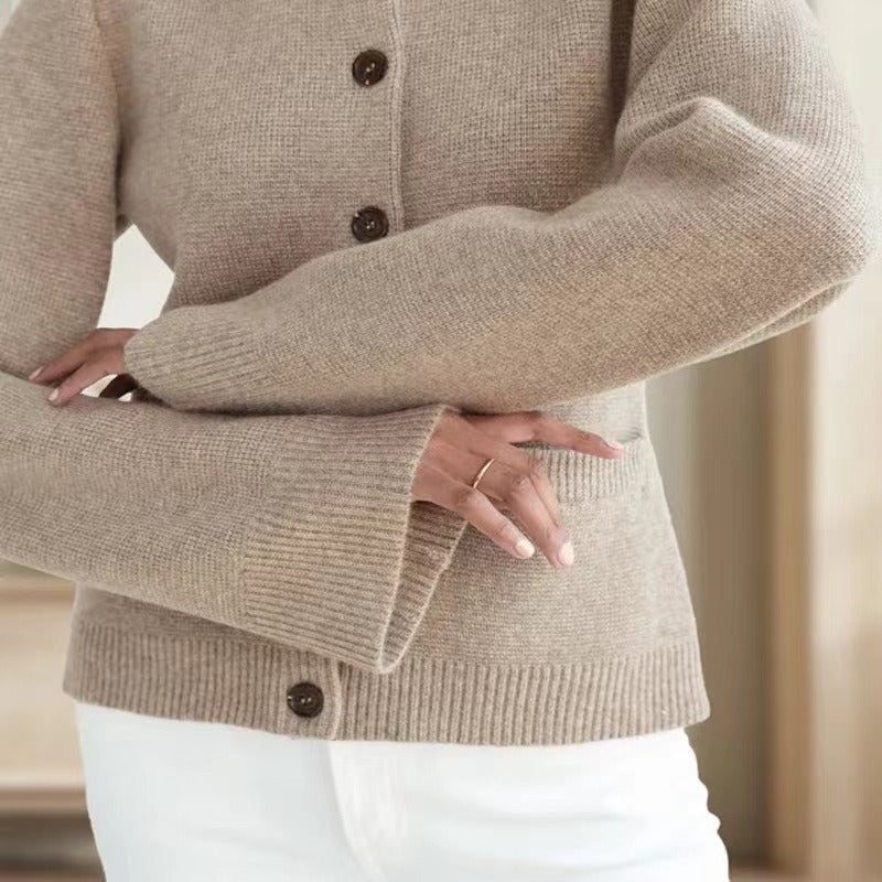 Women's beige knit two-piece set slim cardigan wide leg trousers polished office wear viscose blend