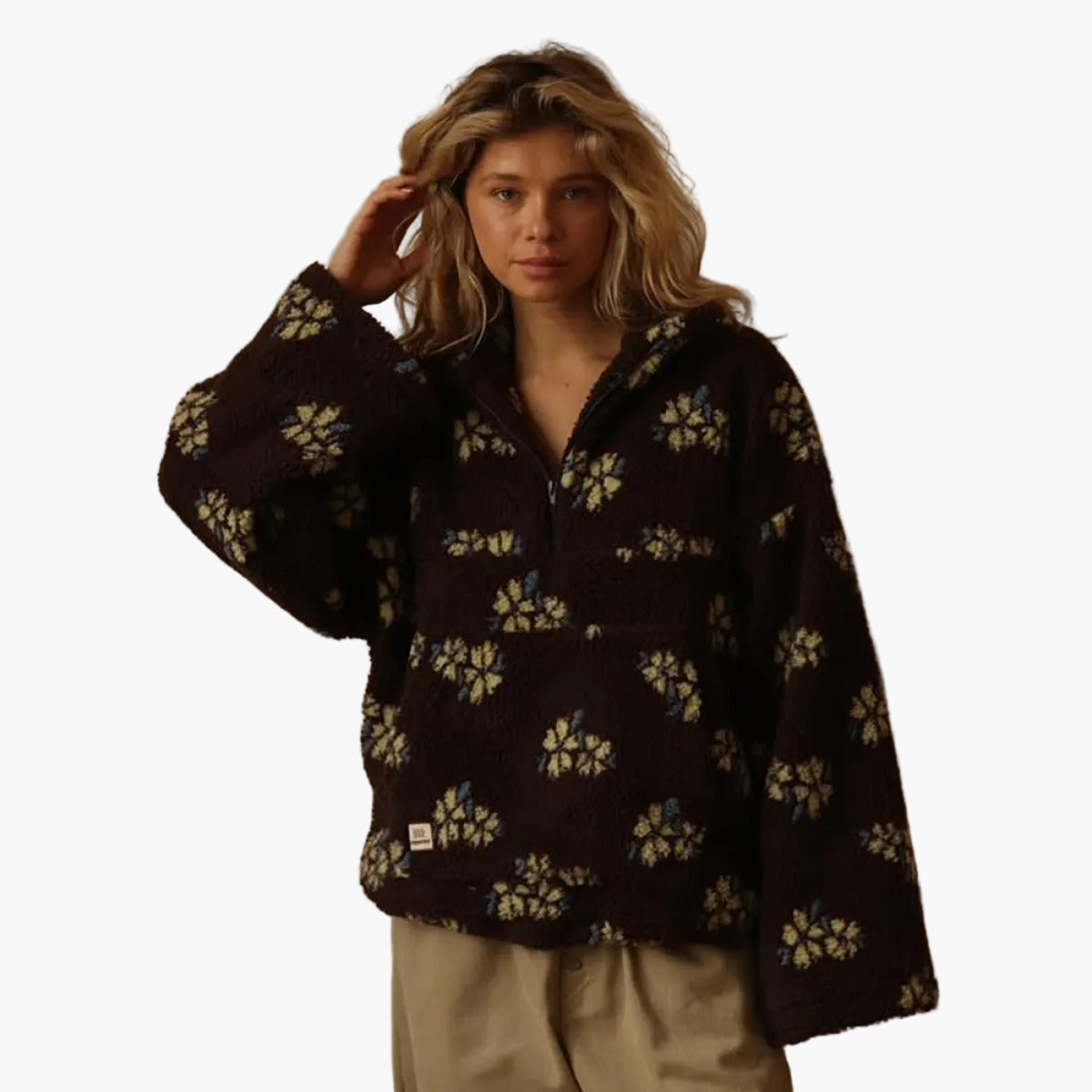 Women's teddy fleece pullover sweater, cozy floral boho print, plush warm autumn leisure top