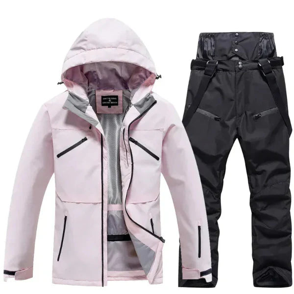 Women's two-piece ski suit set hooded jacket and pants waterproof windproof regular fit winter ensemble