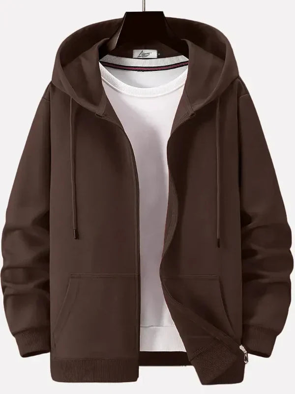 Men's full zip hoodie relaxed fit cotton blend with front pockets, versatile everyday casual style