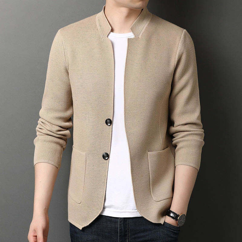 Men's slim fit knit blazer notch lapel two-button patch pockets smart casual polished look