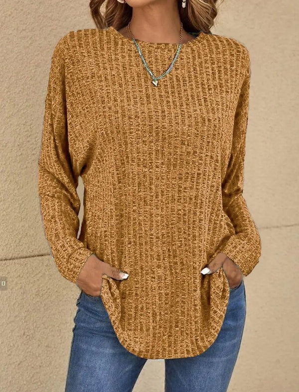 Women's relaxed fit ribbed knit long sleeve top, hip length versatile layering essential
