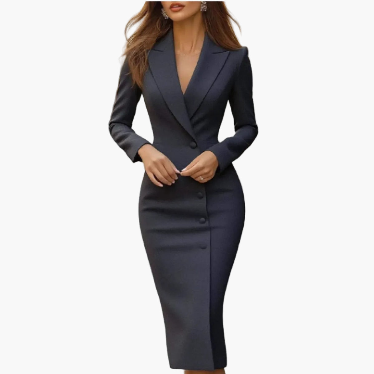 Women's fitted midi business dress with blazer-look lapel collar, elegant office style in solid color