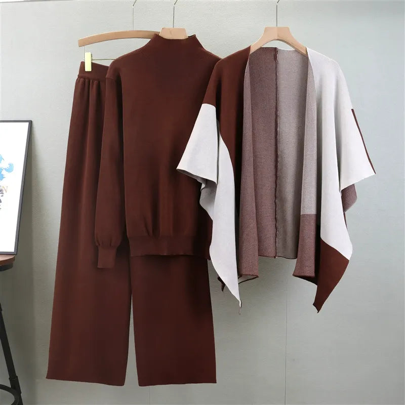 Women's knitted three-piece suit mock neck sweater wide-leg pants cape layer chic cozy knit set