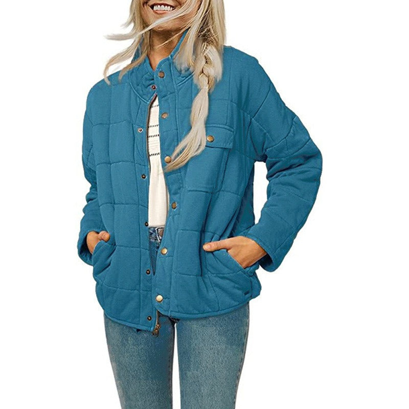 Women's mid-length quilted jacket loose fit stand collar button-front casual outerwear