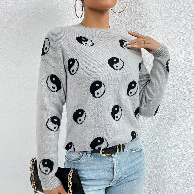 Women's relaxed fit jacquard knit pullover sweatshirt with textured pattern for effortless layering