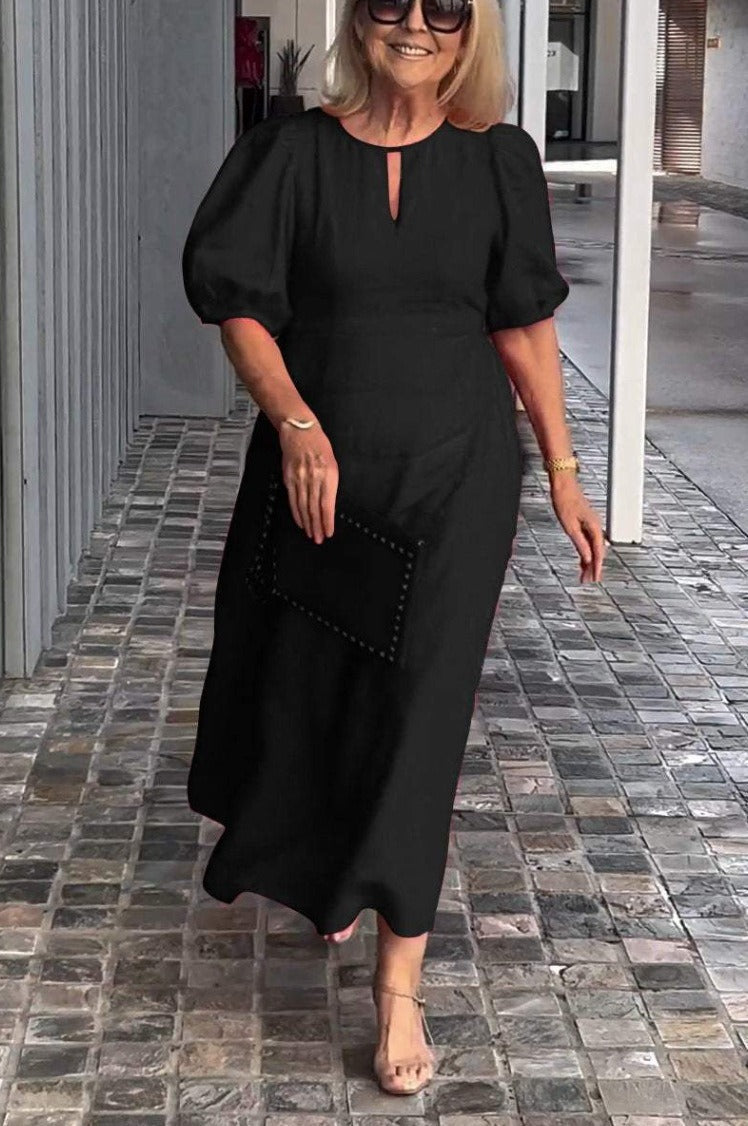 Women's midi dress loose fit puff sleeves round neckline breathable cotton casual all-day comfort