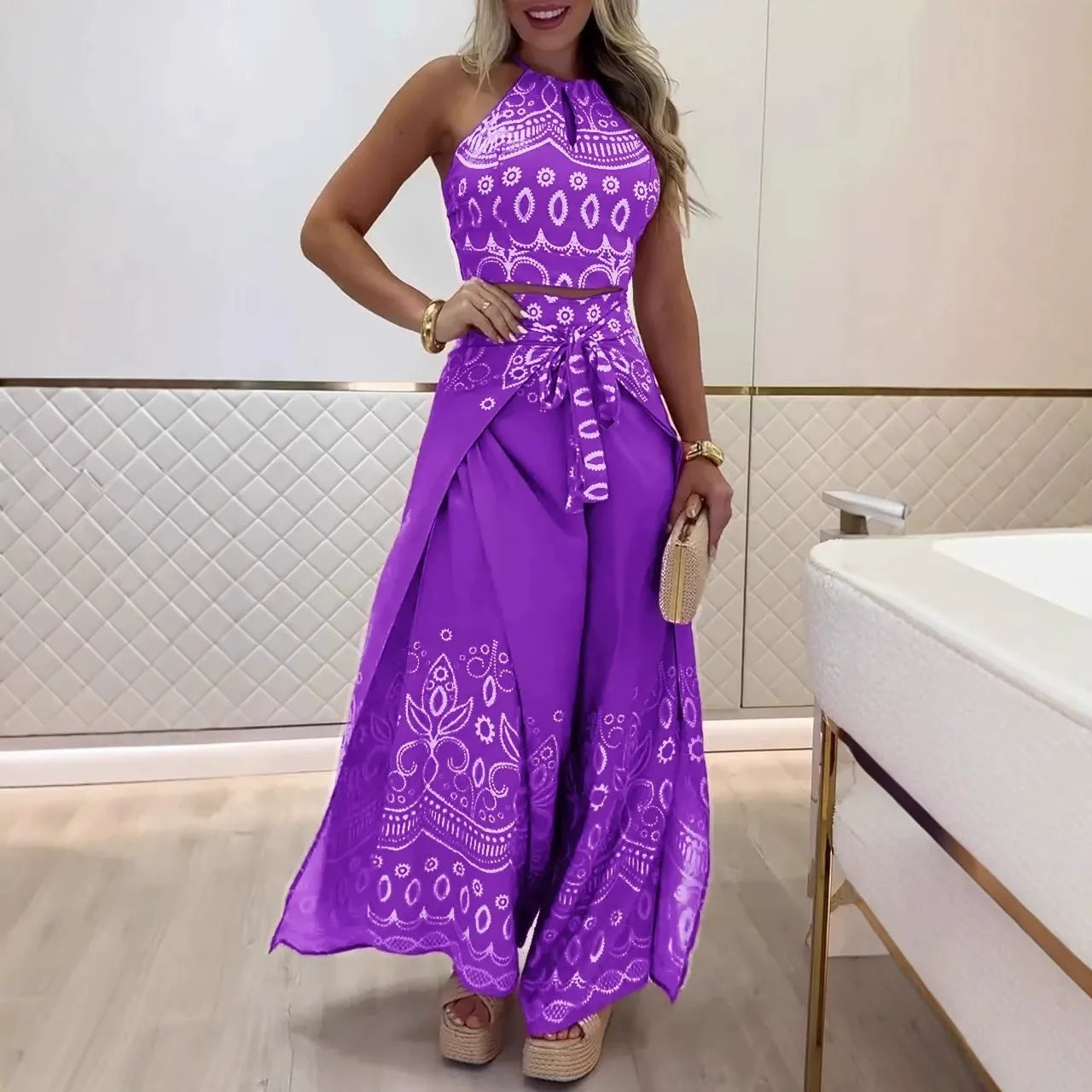 Women's retro print halterneck crop top wide-leg pants festival set with high-waist silhouette
