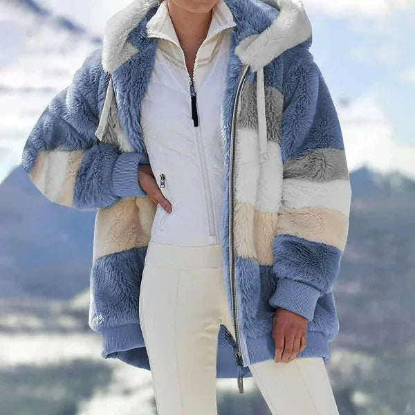 Women's oversized hooded jacket with plush faux fur lining, zip front, city chic winter style