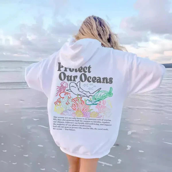 Women's oversized hoodie cotton-feel sweatshirt with marine graphic back print street casual style