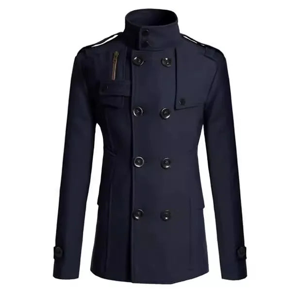 Men's slim fit mid-length double-breasted wool coat military style tailored silhouette